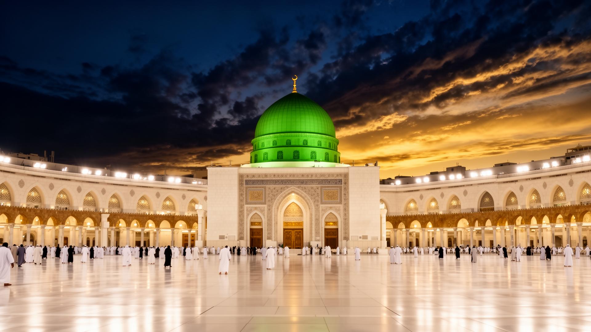 Masjid al-Nabawi green dome at twilight in Madinah